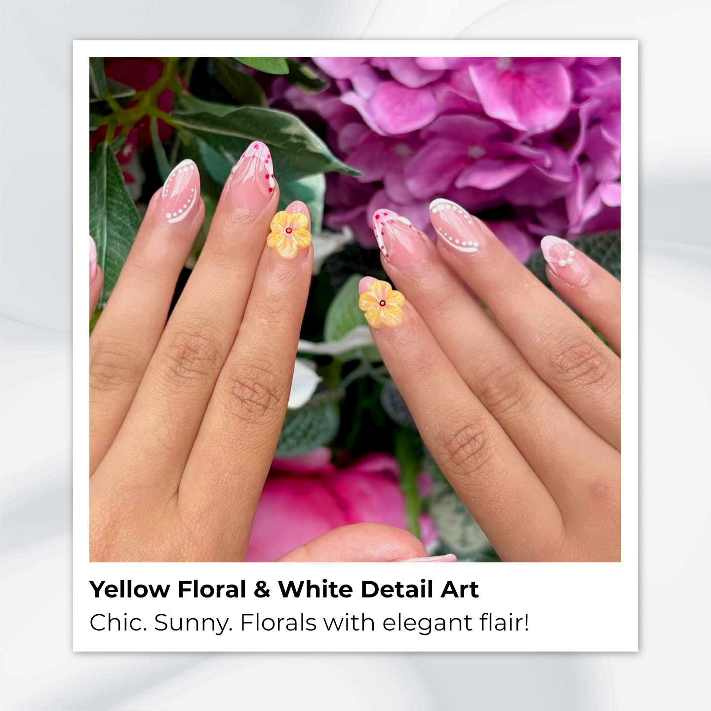 6 Stunning Floral 3D Nail Art Designs You Need to Try This Season 2 Yellow Floral & White Detail Art