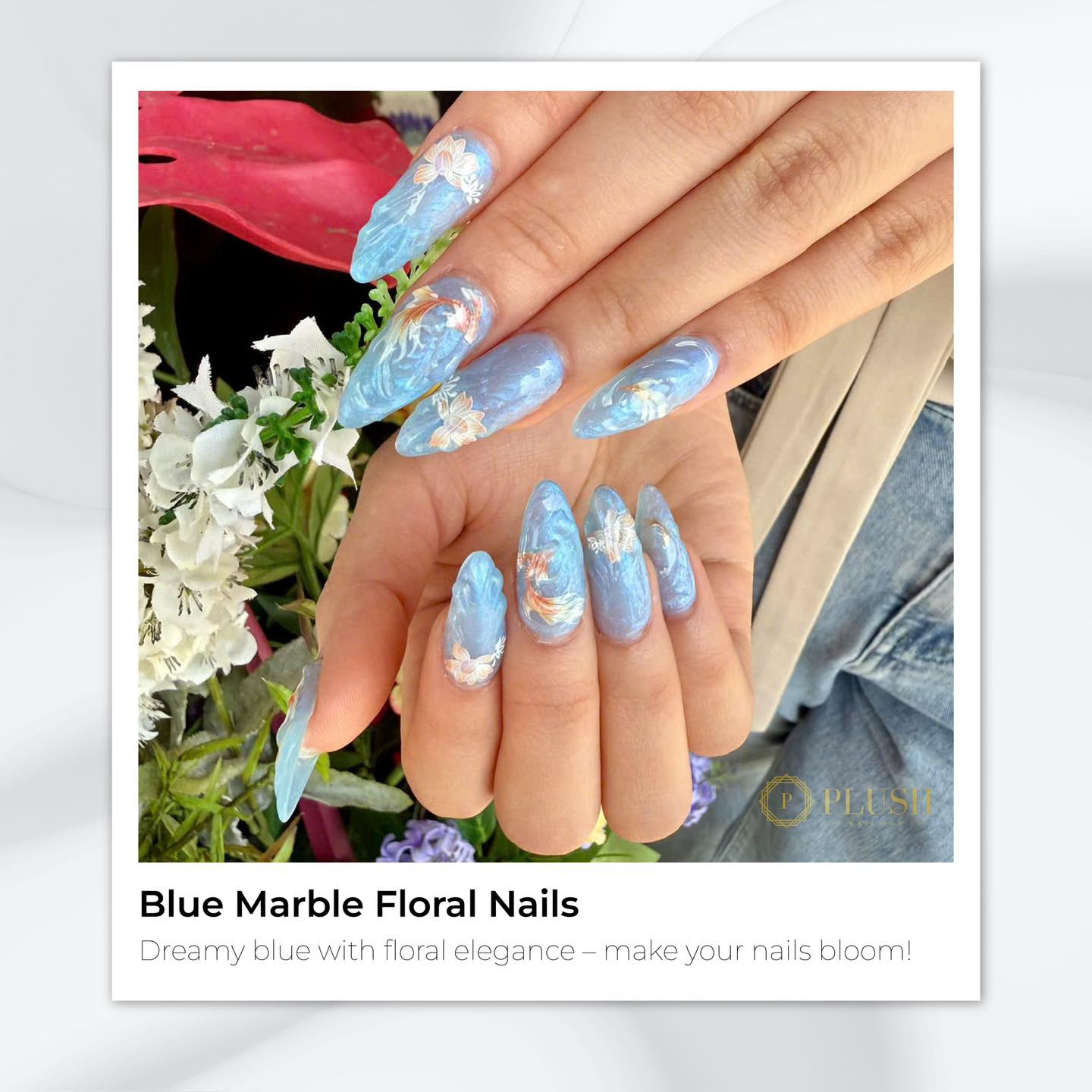 Blue Marble Floral Nail ideas