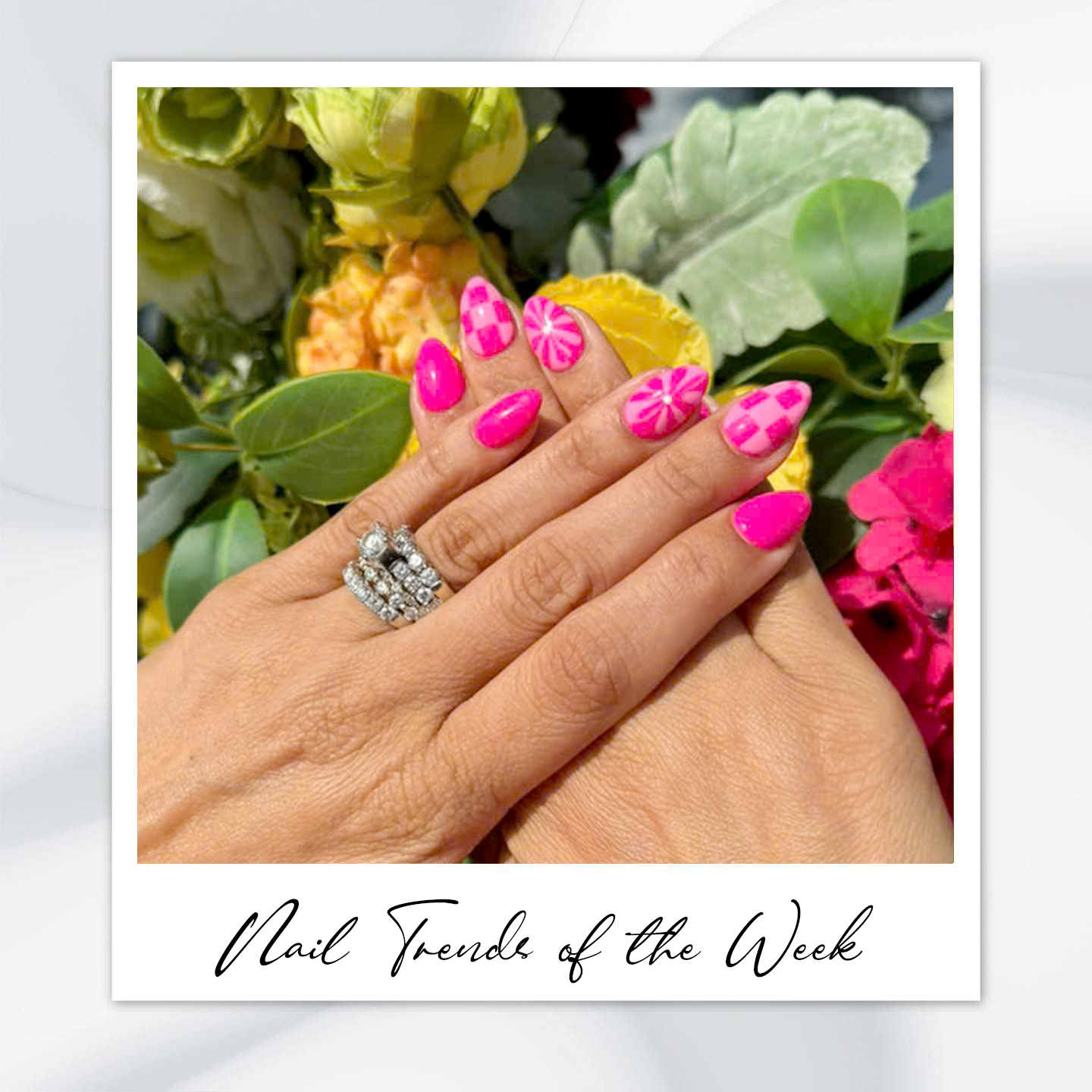 9 Almond Nail Designs You’ll Want to Try This Summer 6 Hot pink trendy almond nails with retro-inspired checker and flower designs – featuring almond-shaped nails, nail art almond style, and bold summer almond nails.