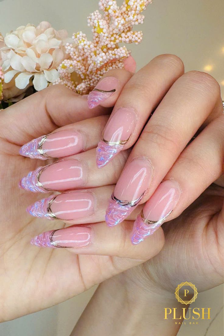 French pink nails with pastel chrome tips and gold outlines, pink French manicure nails, pink and white nails, pink nails natural, pink nails design, french pink nails with glitter, cute pink nails, baby pink nails.