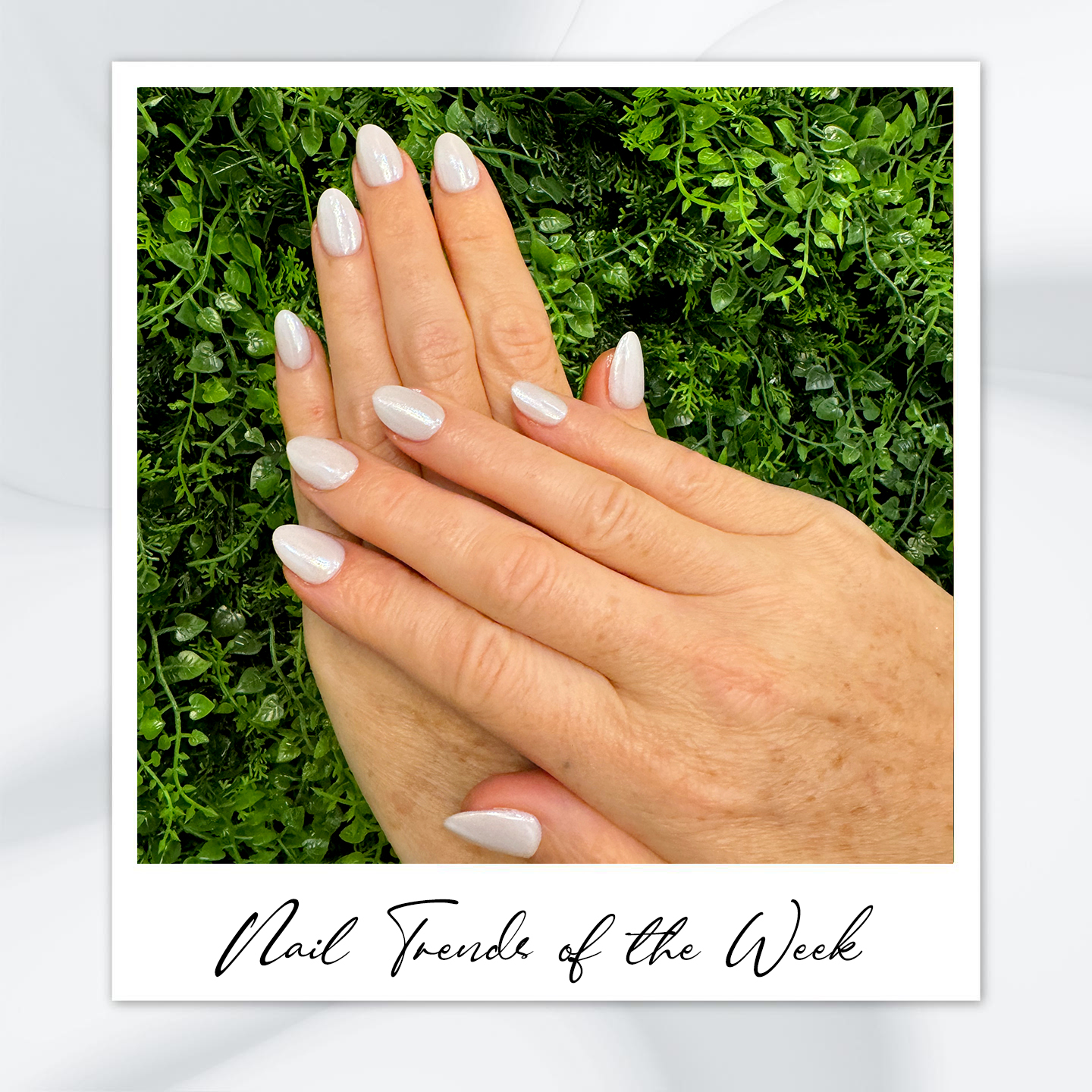 9 Almond Nail Designs You’ll Want to Try This Summer 1 White almond-shaped nails with a glossy chrome finish – featuring almond acrylic nails, classy almond nails, trendy almond nail designs, and a timeless almond nail shape perfect for summer 2025.