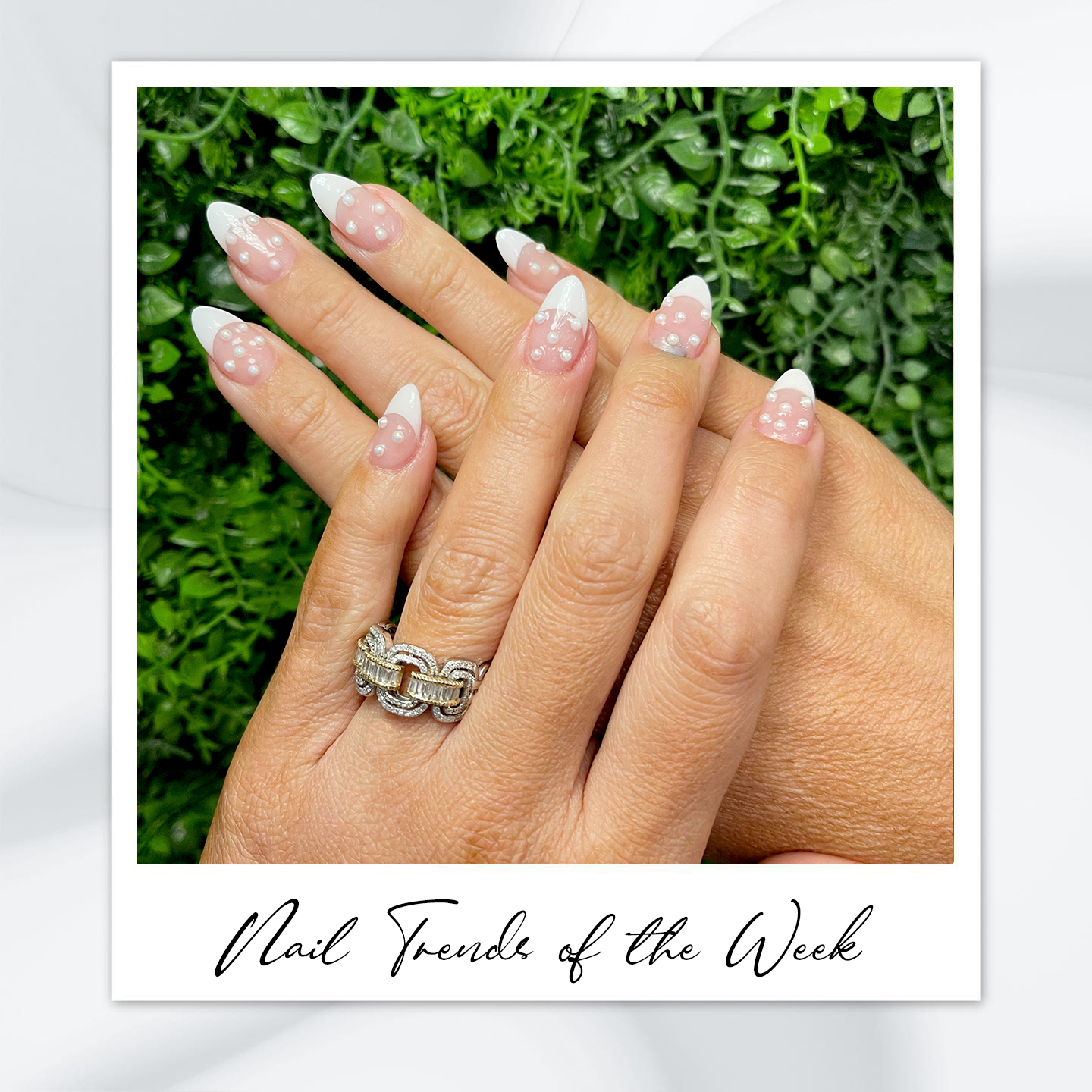 9 Almond Nail Designs You’ll Want to Try This Summer 9 Almond-shaped French tip nails with white pearl accents – featuring classy almond nails, almond French tips, almond nail shapes, and elegant almond nail design for formal occasions.