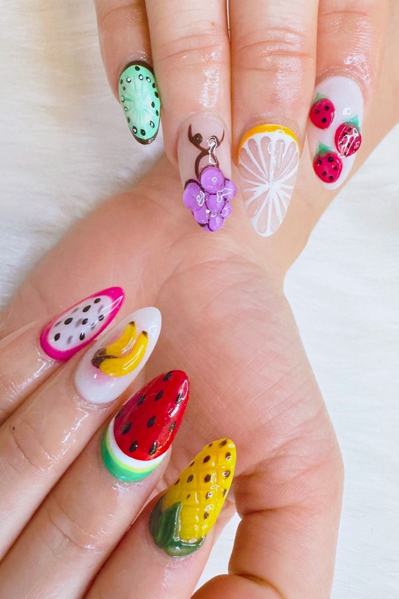 3D Nails Are Here to Stay—And We’re Obsessed 4 Vibrant 3D fruit nails with watermelon, pineapple, banana, and citrus designs