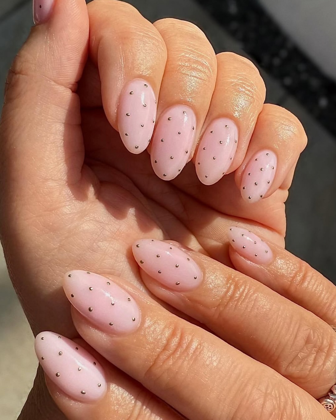 September Nail Ideas: 5 Hottest Nail Trends to Try This Fall 5 Minimalist polka dot nails with nude pink base and tiny metallic studs