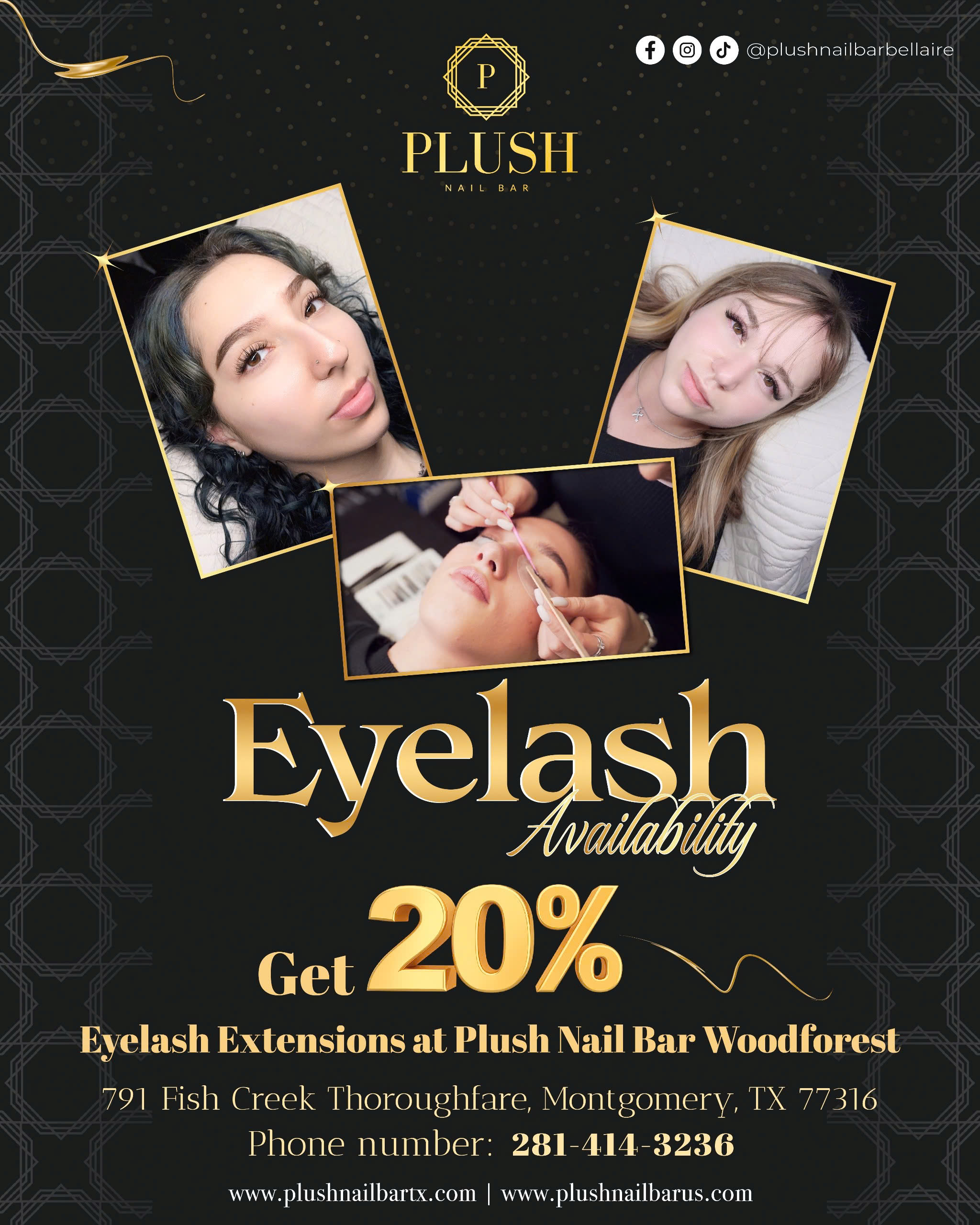 Flyer for Plush Nail Bar Woodforest promoting eyelash deals with a 20% discount on eyelash extensions, featuring models with lush lashes and lash application in progress.